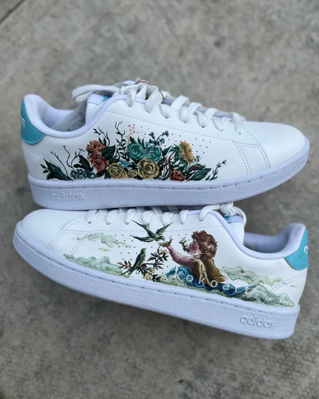 Hand-Painted Adidas Cherub with Floral Design