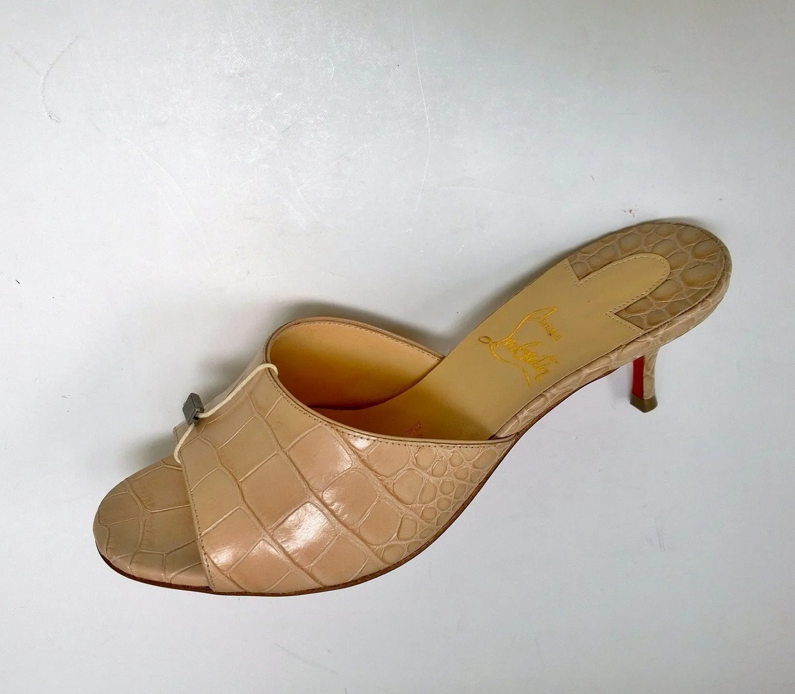 Christian Louboutin East 55 Nougat Shell Pink Croc-Embossed Slides Mule Heels