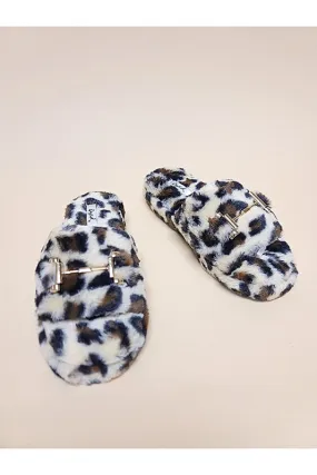 Fuzzy Leopard Slide Slippers - Tan