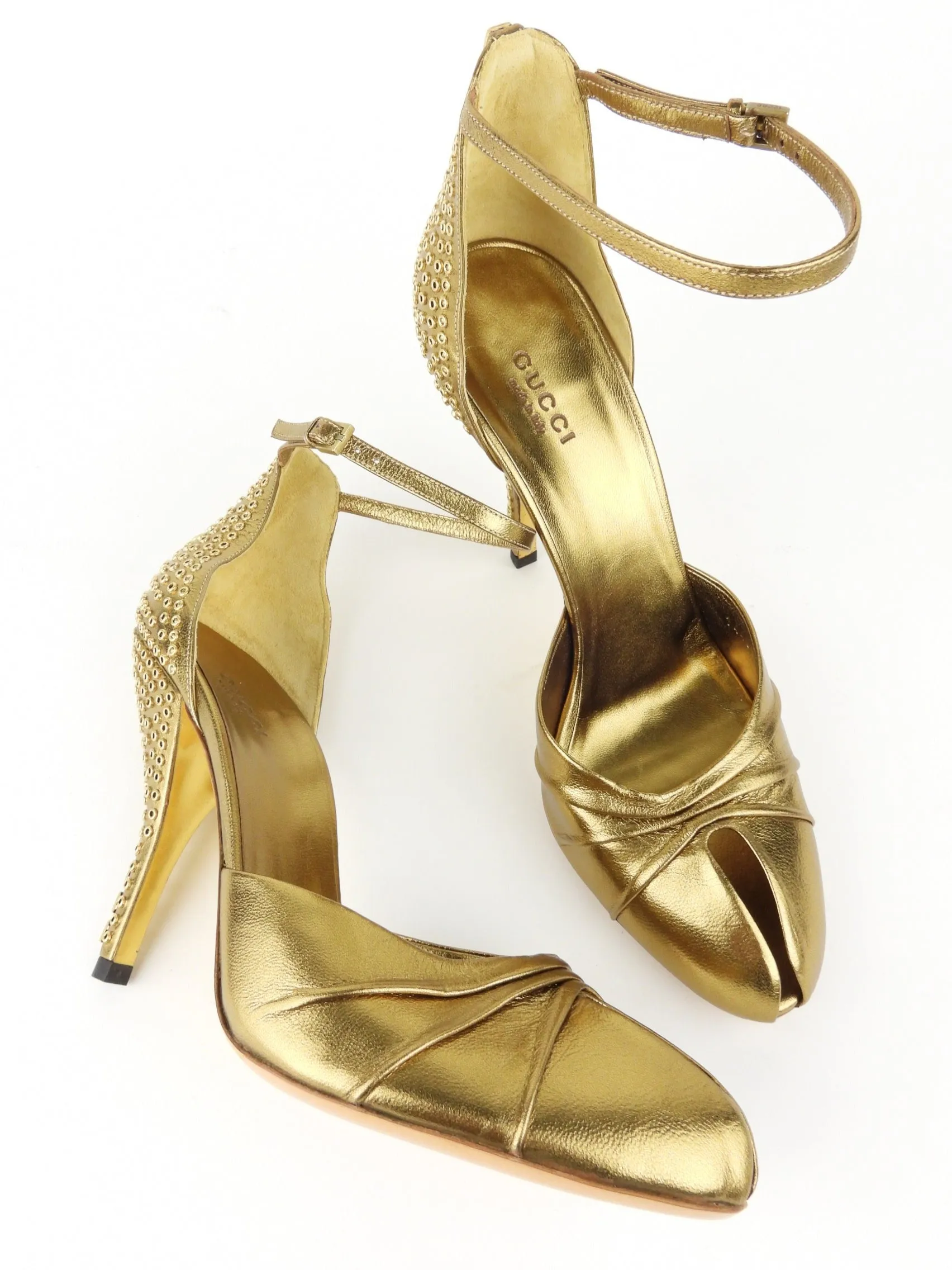 Gucci Gold Metallic Leather Studded Cone Heel Split Toe Pumps - 8