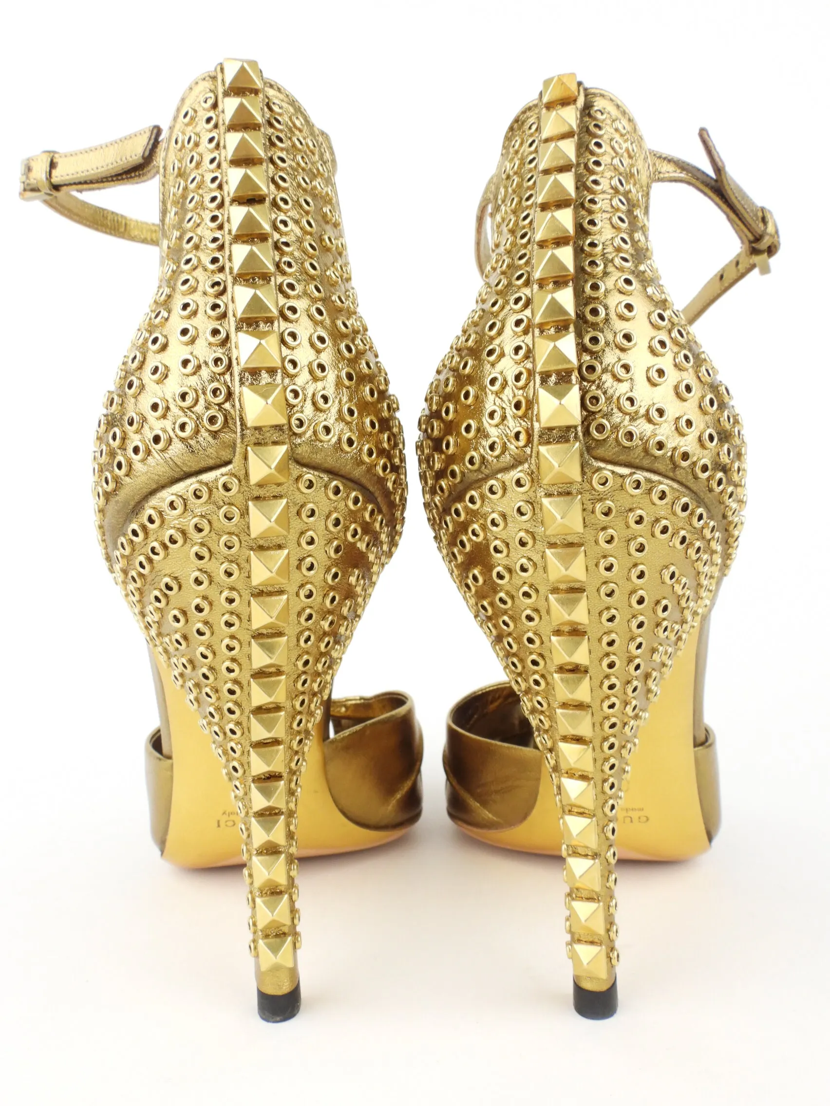 Gucci Gold Metallic Leather Studded Cone Heel Split Toe Pumps - 8