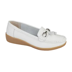 Ladies Leather Slip on White Shoes Wayfarer Flat Jo & Joe