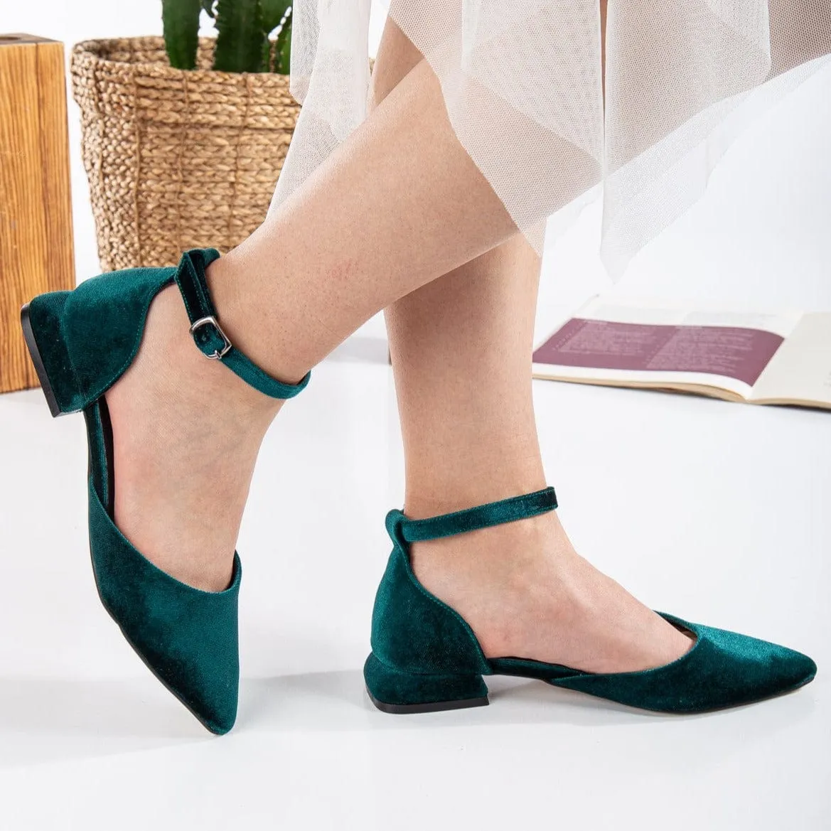 Madeline Vegan Velvet Ribbon Flats | Emerald Green