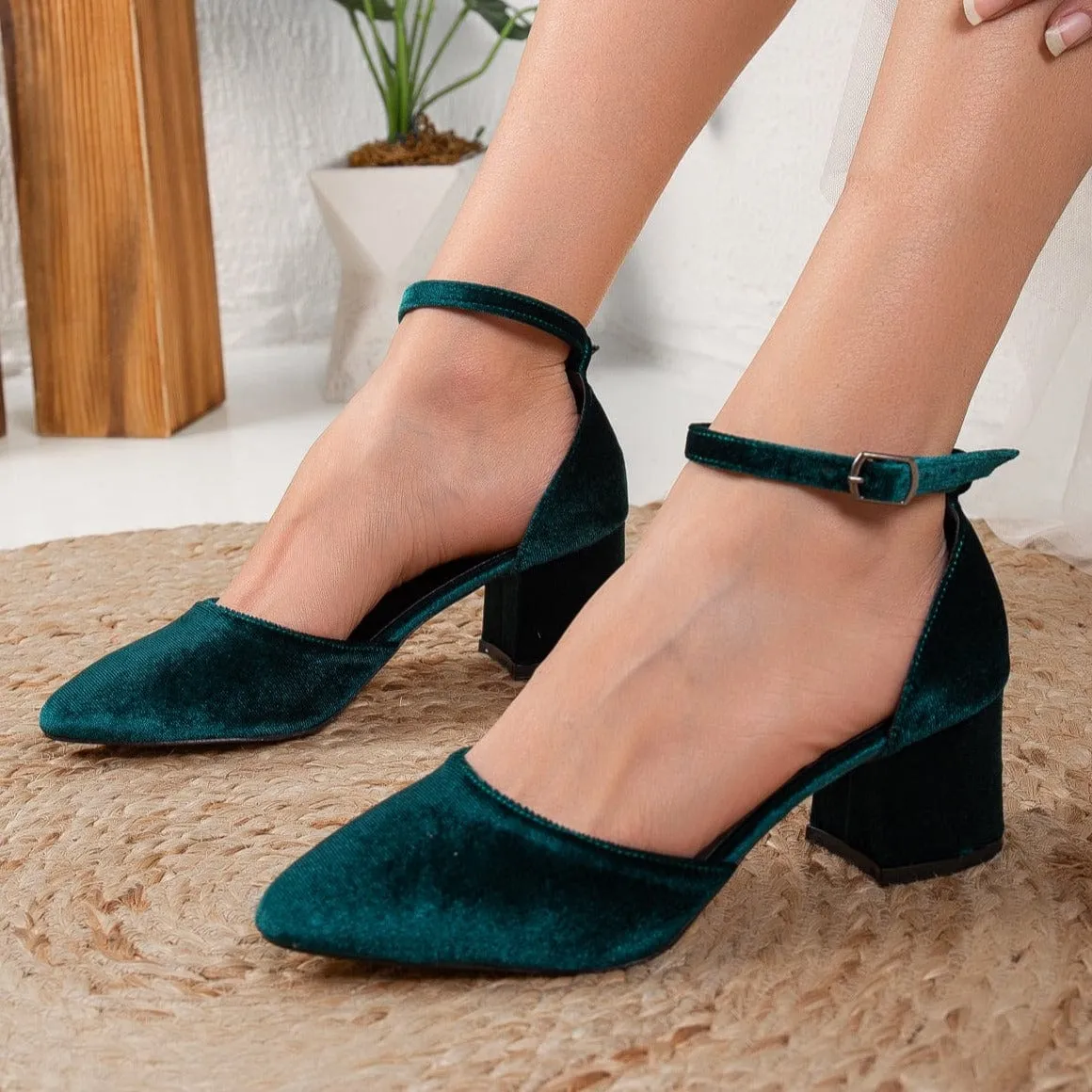 Marcelle Vegan Velvet Low Heels | Emerald Green