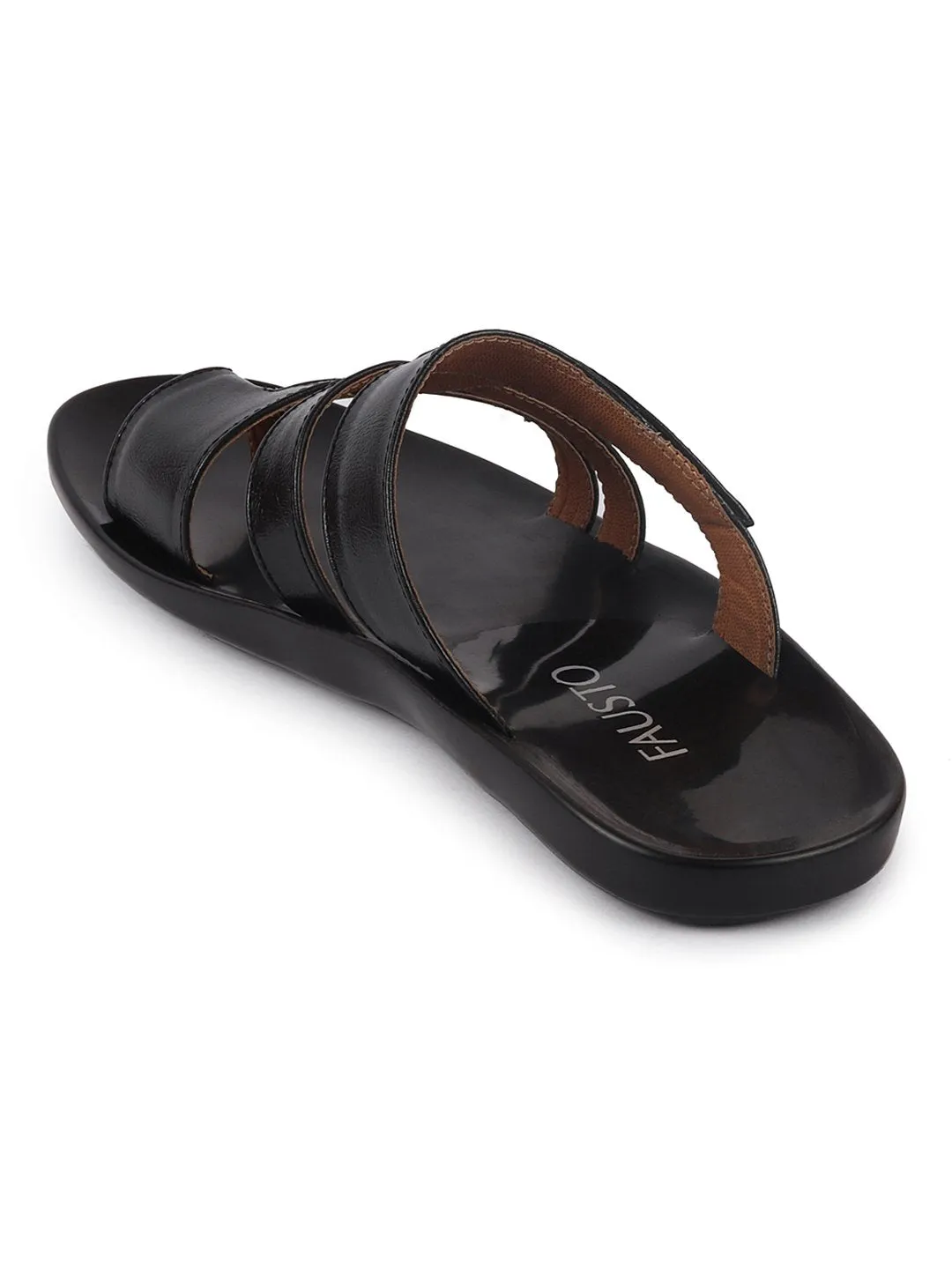 Men Black Slip On Fashionable Toe Ring Slippers