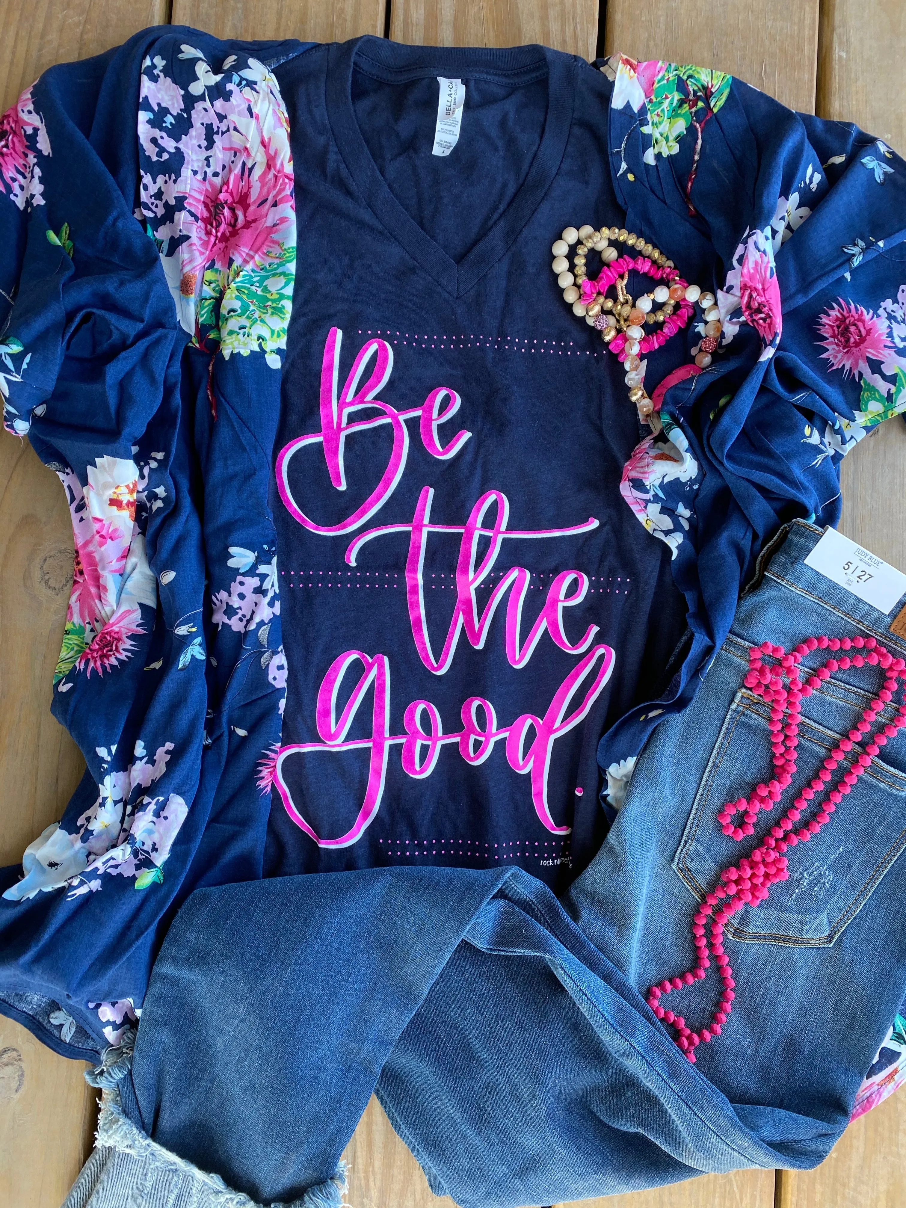 Navy {BE THE GOOD} Fuchsia Design V-Neck Tee