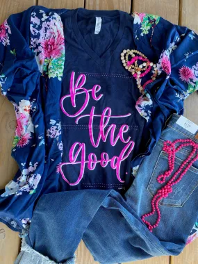 Navy {BE THE GOOD} Fuchsia Design V-Neck Tee