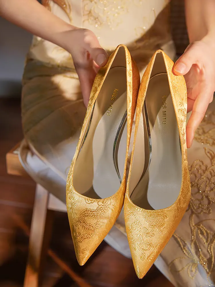 The Jin Oriental Gold Floral Heels